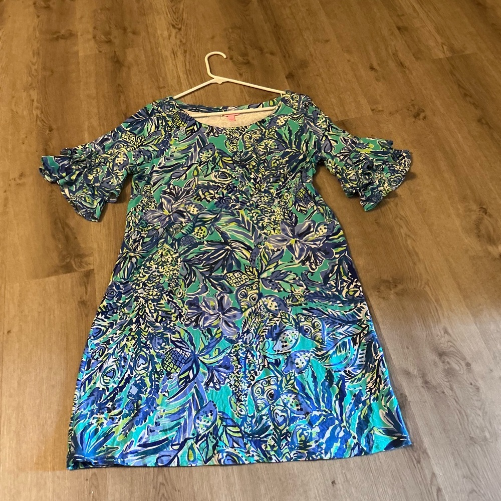 Lilly Pulitzer Blue Green Floral Ruffle-Sleeve Dress